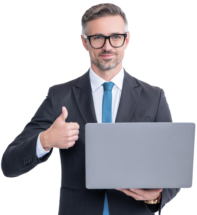 Imagen de hombre de traje sosteniendo laptop, y haciendo señal de correcto