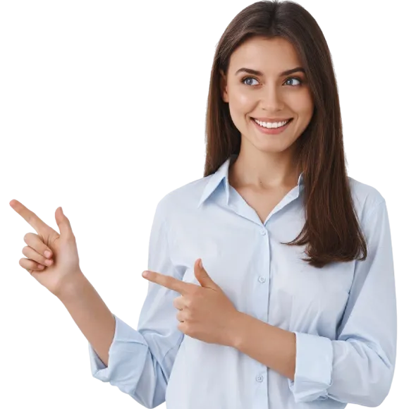 Mujer oficinista sonriente, señalando al formulario